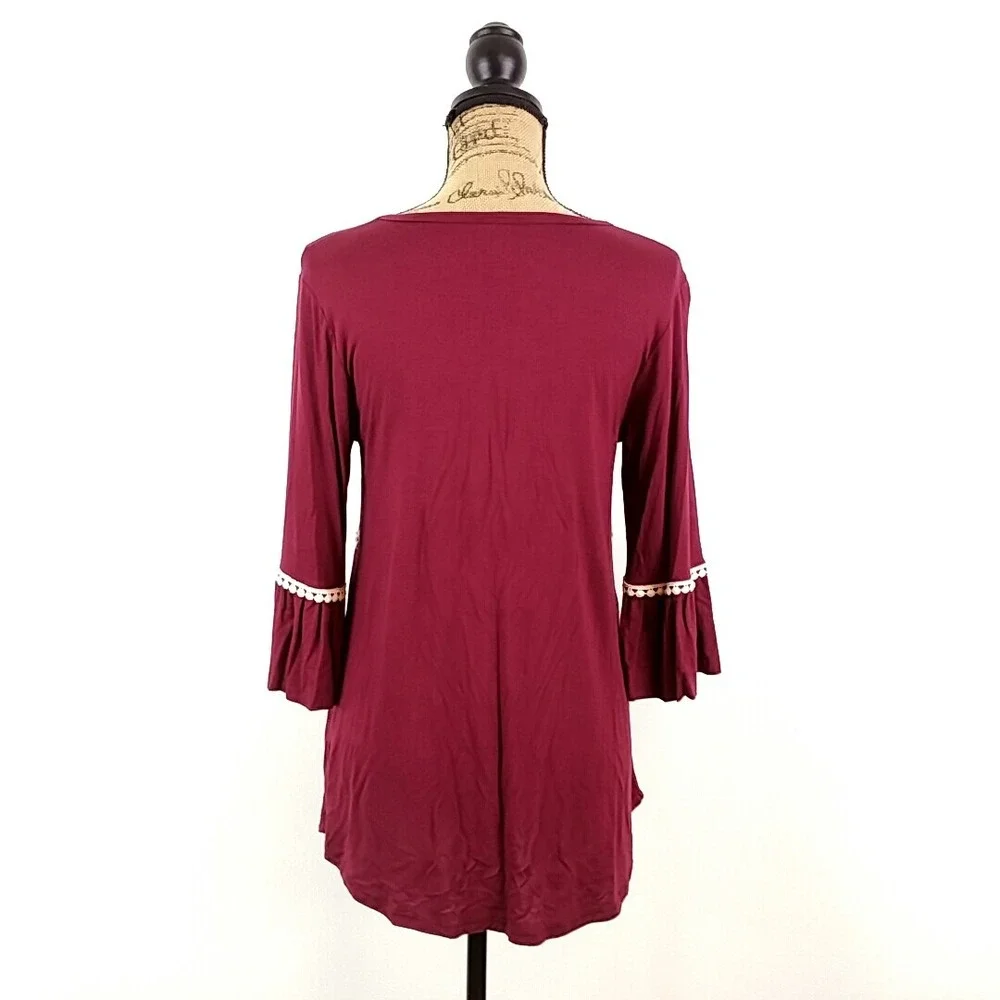 Lovely Souls Tunic Top Womens Small Burgundy Pom Pom Trim Bell Sleeve